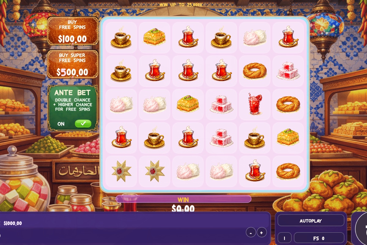 Игровое поле слота Sweet Storm 6 на 5 с восточными сладостями